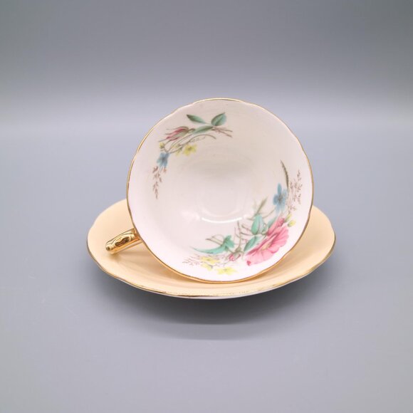 Aynsley Fine Bone China Beige Floral Flowers Vintage Cup & Saucer Set - 3519 - Picture 5 of 6